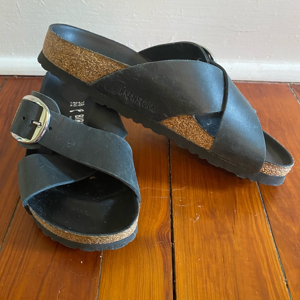 Birkenstock Black Leather Siena Big Buckle Sandals